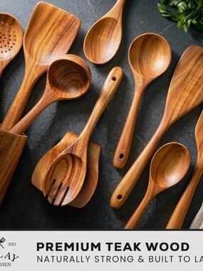 Zulay Kitchen 10-Piece Teak Wood Utensil Set